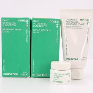 Innisfree Sunscreen Green Tea Cleansing Foam Hyaluronic Cream SPF 36 Set 4 NEW